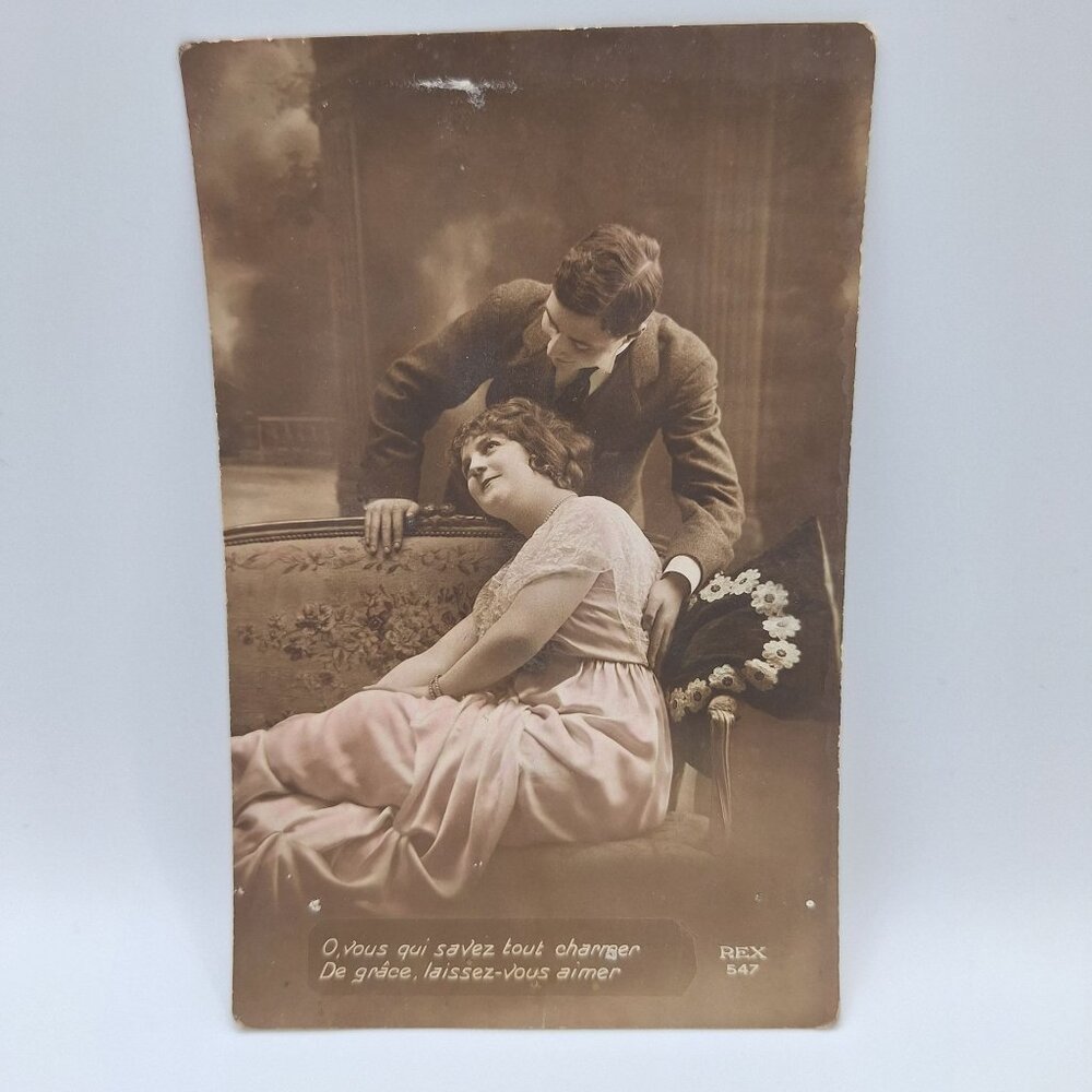 Rex Antique Romantic Postcard 1919 Sepia French Couple‎ Illustration Note Love